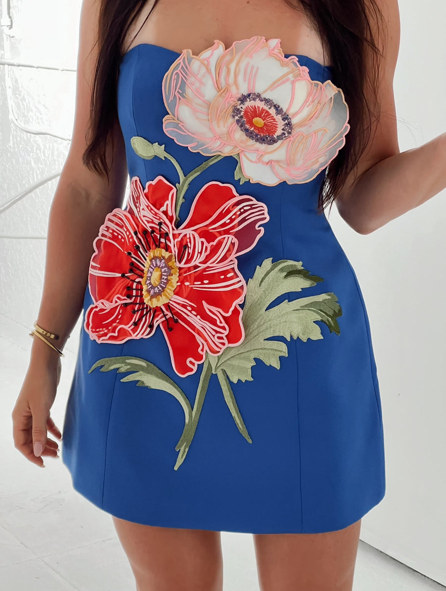 Rosario Appliqué Floral Bustier Mini Dress- Lapis